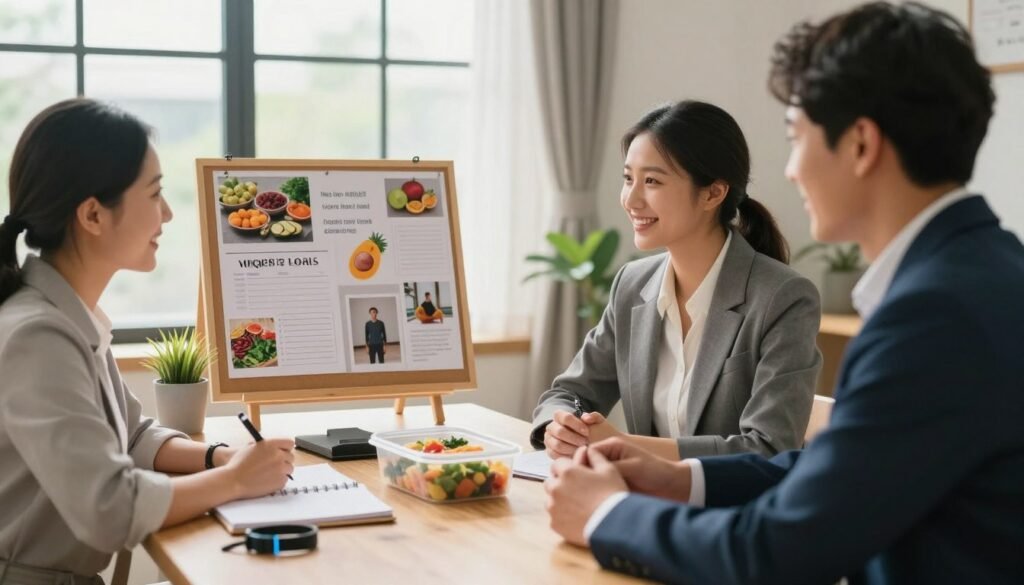 A serene and inspiring setting depicting a cozy home office with a well-organized desk filled with a planner, a healthy meal prep container, and a fitness tracker. In the foreground, a smiling, diverse group of three individuals dressed in professional business attire engaged in a collaborative discussion about their weight loss goals. The middle section shows a vision board with images of healthy foods, fitness quotes, and goal-setting visuals. The background features a large window letting in soft, natural light, creating a warm and motivational atmosphere. The image should have a bright and uplifting mood, conveying hope and determination for setting realistic weight loss goals. Aim for a soft focus that draws attention to the people and the vision board.