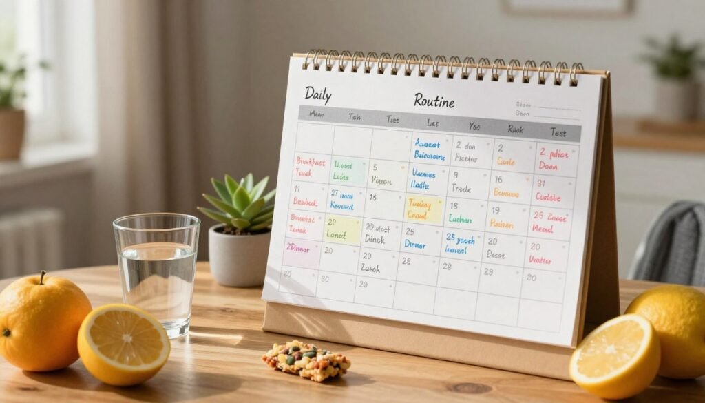 A daily routine calendar with meal and rest reminders