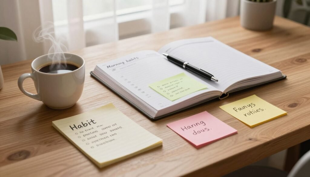 Habit stacking notes beside a coffee cup and daily schedule