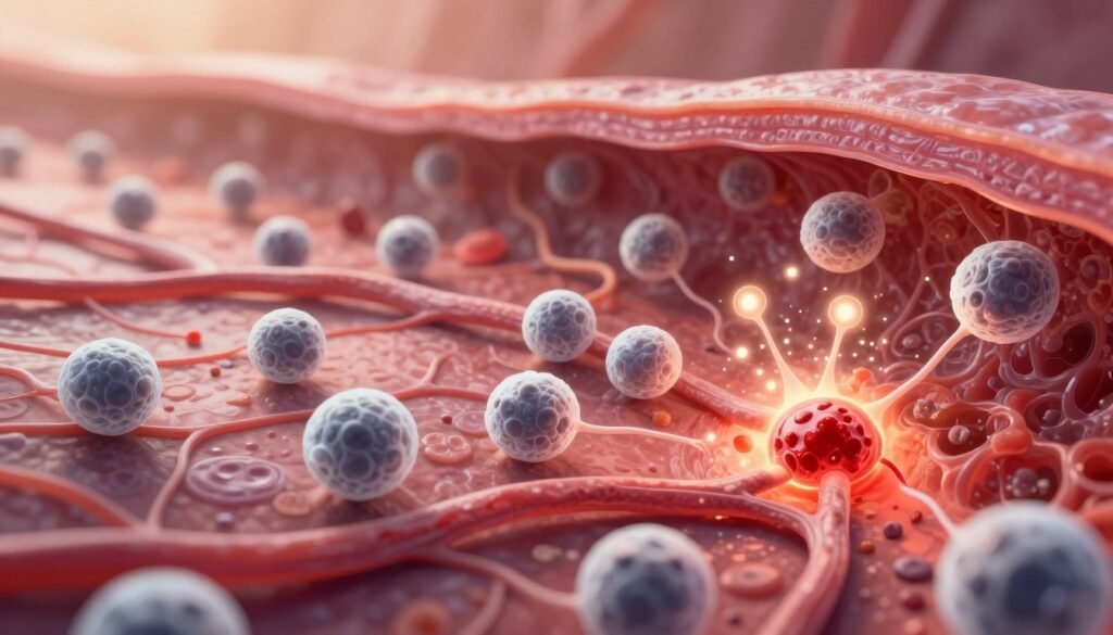 Illustration of the immune system sending white blood cells to an injured area of the body