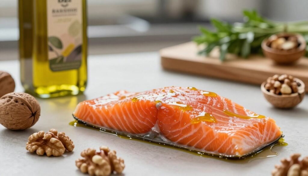 Salmon fillet, olive oil bottle and walnuts on a kitchen counter